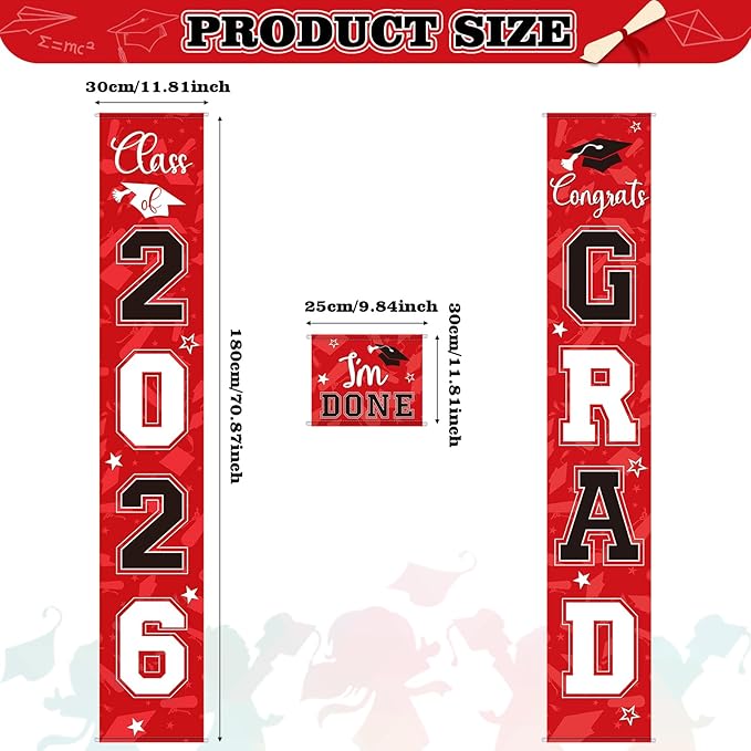 Moukeren 3 Pieces 2026 Graduation Party Decorations Graduation Porch Sign Class of 2026 Grad Hanging Porch Banner Backdrop Door Sign for Grad Party Home Door Wall Decor(Red and Black)