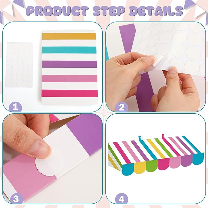 Tallew 4 Pack Circus Awning Decoration 3D Stripe Cardboard Awning Candy Color Carnival Wall Decor with Double Sided Tape for Lemonade Ice Cream Truck or Tick Car Carnival Stand Favors Supplies