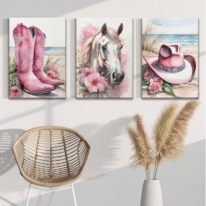 Djmwtb 3 Piece Canvas Wall Art Western Wall Decor Cowgirl Pictures Horse Prints Coastal Painting Pink Artwork for Bedroom Bathroom 12x16in Framed