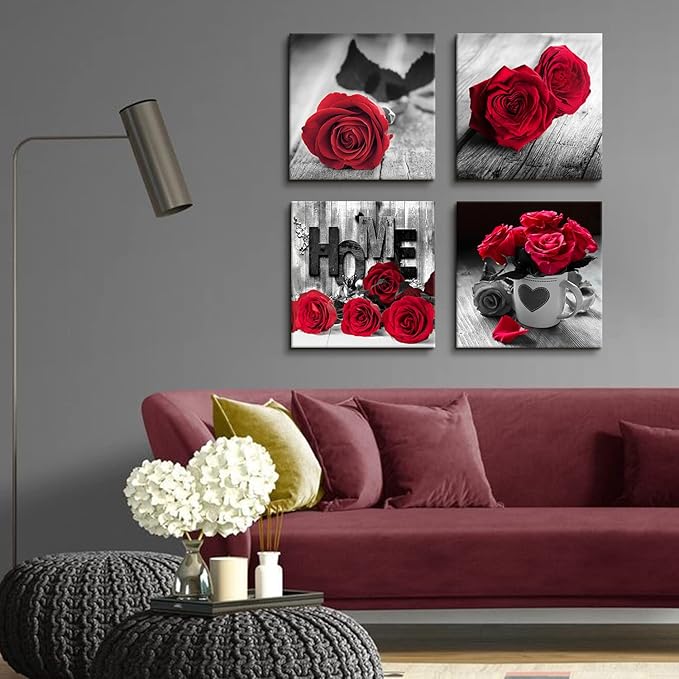 Rustic Rose Floral Canvas Wall Art Red Flower Pictures for Living Room Home Decorations Girls Bedroom Over Bed Wall Decor Retro Bouquet Paintings Posters Romantic Artwork 16x16” 4P Valentines Gifts