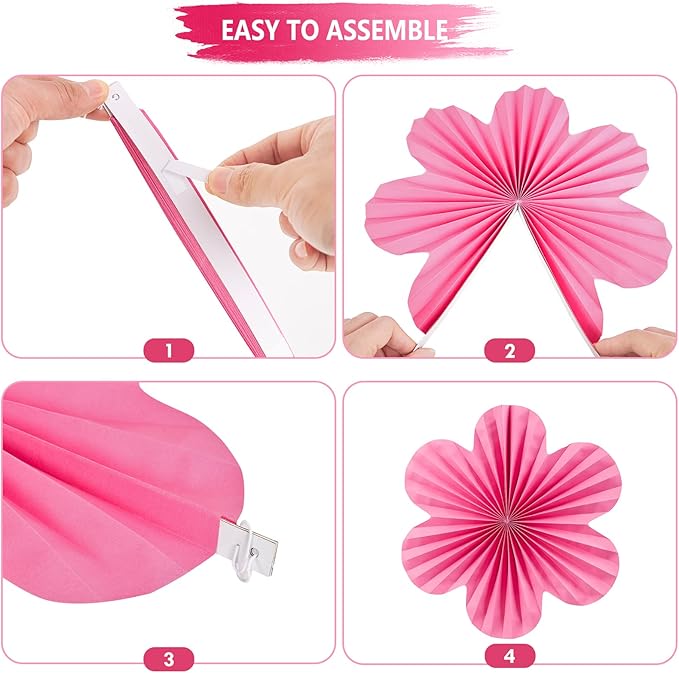 SUNBEAUTY Paper Flowers Decorations for Wall, Paper Flower Fan Classroom Decoration Paper Floral Backdrop Decor Paper Fans Decoration Hanging Paper Fans Pink Yellow Flower Wall Decor