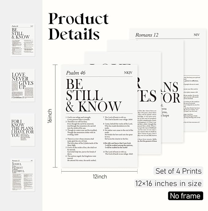 Locomiss Black and White Christian Wall Art Decor, Modern Bible Verse Prints, Minimalist Jesus Scripture Wall Decor, Inspirational Bible Posters for Bedroom Office Living Room, Set of 4 (12x16 Unframed)