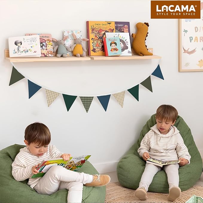 Lacama Boys Toddler Room Playroom Nursery Decor,Garland Triangle Banners Blue Grey, Vintage Warm Neutral Plaid Design Pennant Banner Bunting Flags Fabric for Baby Shower Birthday Party Decorations
