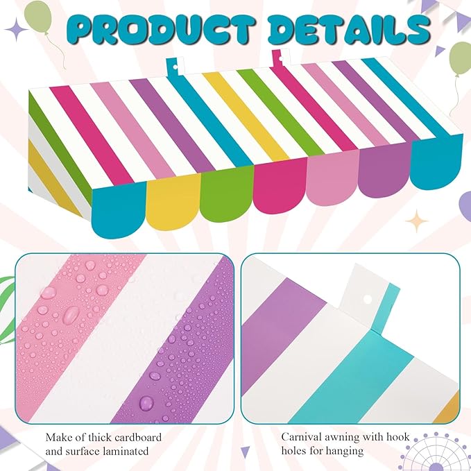 Tallew 4 Pack Circus Awning Decoration 3D Stripe Cardboard Awning Candy Color Carnival Wall Decor with Double Sided Tape for Lemonade Ice Cream Truck or Tick Car Carnival Stand Favors Supplies