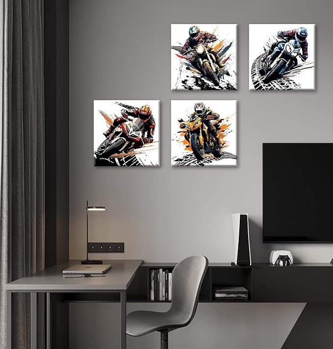 Motorcycle Wall Art Boys Room Decor Graffiti Motocross Posters Motorcycle Canvas Prints Pictures for Mens Cave Dirt Bike Lovers Bedroom Game Room Decoration Framed and Ready to Hang 12"×12" × 4 Pcs