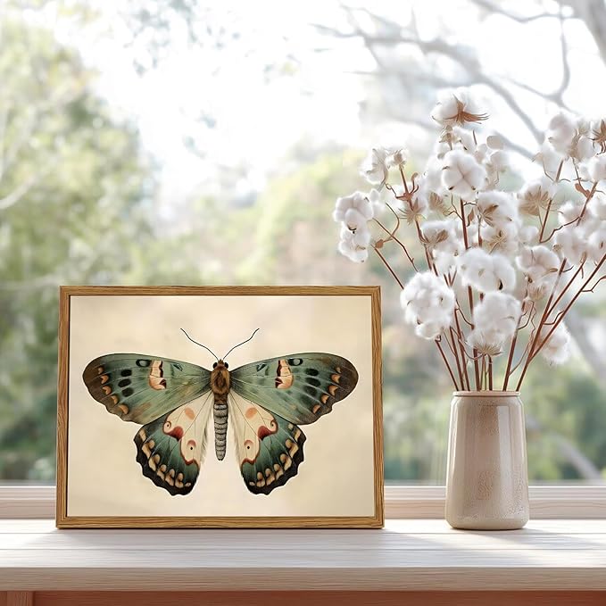 Framed Vintage Butterfly Canvas Wall Art, Moody Insect Wall Decor Paintings, Cottagecore Moth Artwork Pictures Prints Antique Home Decor for Living Room Bedroom Bathroom 16x24 inch