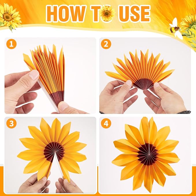 PAPER JAZZ Sunflower Paper Fan,Sunflower Party Decoration Hanging for Wall Sun Flower Paper Garlard with Bumble Bee Baby Shower for Yellow Birthday Party Bulletin Board Classroom