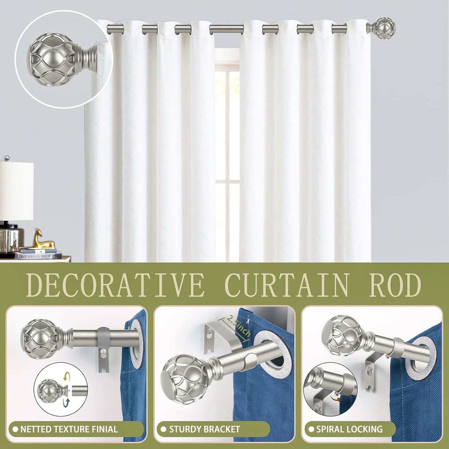 Silver Adjustable Curtain Rods for Windows:66-120 Inch Farmhouse Heavy Duty Curtain Rod for Bedroom Living Room,Boho Decorative Rustic Drapery Rods with Vintage Coastal Finial,Antique Silver