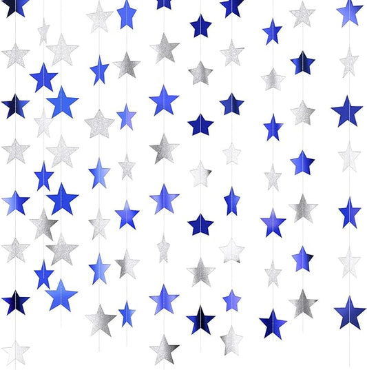 Patelai Glitter Star Garland Banner 2026 Graduation Decor 130 Feet Star Hanging Banner Twinkle Backdrop for Party Birthday Classroom Wedding Supplies(Ocean Blue, Glitter Silver)