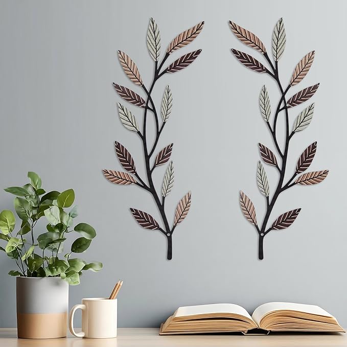 Metal Tree Leaf Wall Decor 2 PCS Rustic Vine Branch Leaf Wall Art for Living Room Bedroom Bathroom Decorations - Vintage Brown