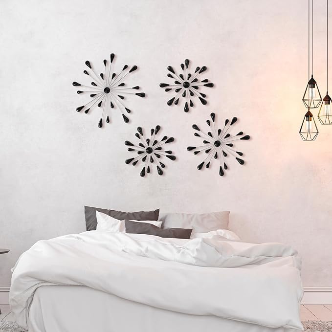 Hicarer 4 Pcs Starburst Wall Decor Bling Wall Art Crystal Teardrop 3D Hanging Rhinestone Radial Metal Artwork Modern Accent Sculptures Decorations for Living Room Home Office Bedroom(Black Diamond)