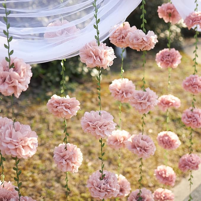 4 Pcs Dusty Pink Flower Garland for Bridal Shower Decorations, Baby Shower Decorations for Girls, Pom Pom Garland, Paper Flowers Party Decorations for Birthday