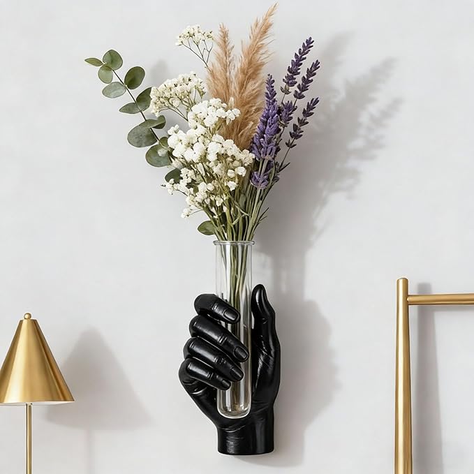 Wall Hand Vase,Vintage Art Decor,Life-Size Hand Sculpture with Glass Test Tube Vase,Unique Wall Art Statue for Indoor or Outdoor,Maximalist Boho Whimsical Decor, for Women (Black)