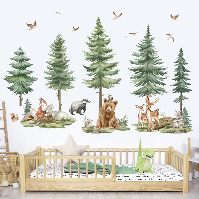 wondever Mountain Tree Wall Stickers Large Pine Tree Forest Animals Bear Deer Peel and Stick Wall Art Decals for Kids Bedroom Baby Nursery