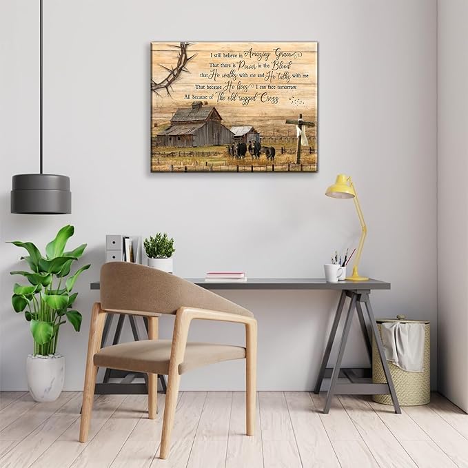 Vintage Farmhouse Wall Art Old Barn Wall Decor Cross Canvas Christian Inspirational Quotes Painting Pictures I Still Believe in Amazing Grace Poster Print for Living Room Bedroom (24x16in Canvas)