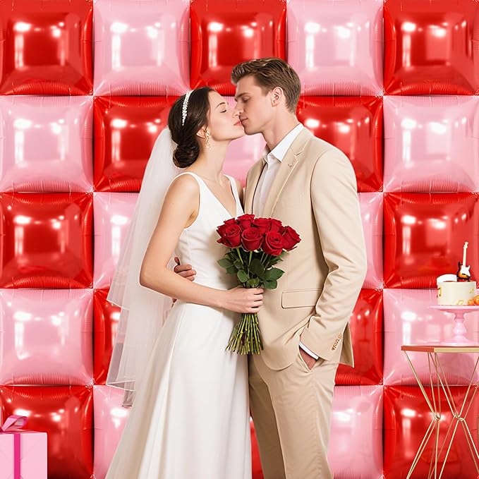 NISOCY 25PCS Red and Pearl Pink Square Foil Balloons Wall Backdrop Double Sided Red Pink Balloon Arch Kit for Birthday Bachelorette Anniversary Engagement Valentine's Day Strawberry Party Decoration