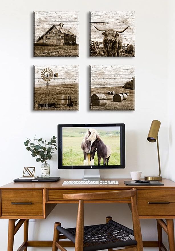 DJSYLIFE Western Decor Farmhouse Wall Decor Highland Cow Wall Art Rustic Painting Poster for Men's Bedroom Office Canvas Printed Poster Home Decoration Artwork 12" Wx12 Hx4