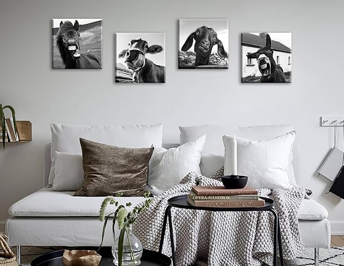 Black and White Wall Art Animal Wall Decor Horse Donkey Sheep Cow Canvas Pictures Prints Funny Decor Posters for Mens Bedroom Office Farmhouse Decoration Stretched Framed Ready to Hang 12×12 inch×4