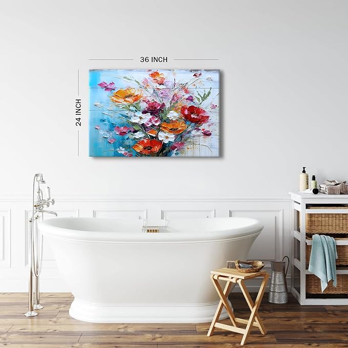 Large Wildflower Wall Art Rustic Colorful Flowers Canvas Picture for Bedroom Watercolor Floral Wall Decor Retro Poppy Flowers Prints Modern Bouquet Artwork Kitchen Living Room Home Decoration 24x36"