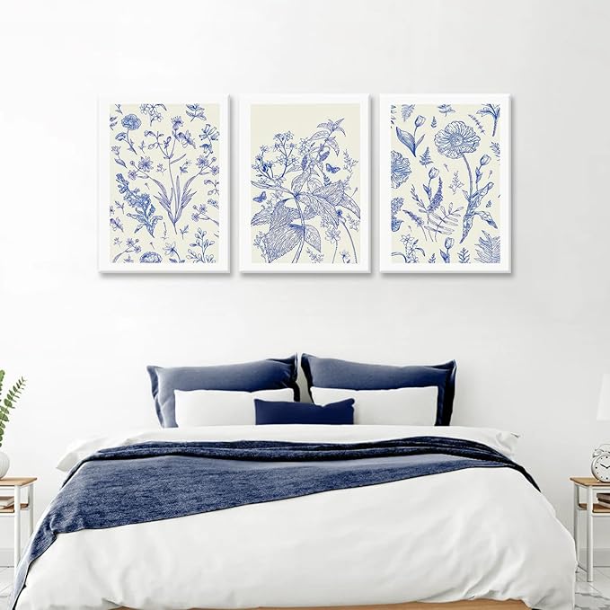 LYPHNX Framed Blue White Chinoiserie Floral Canvas Wall Art Navy Watercolor Flower Painting Posters Set of 3 Minimalist Botanical Wildflower Prints Picture Home Decor for Bedroom Living room 12"x16"