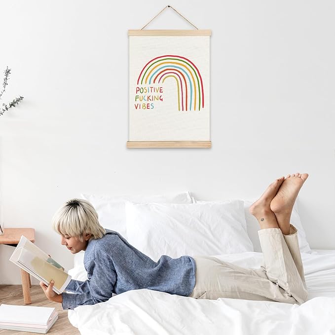 LZYRF Funny Sarcastic Rainbow Positive Vibes Wall Art Poster Framed, Colorful Retro Rainbow Humor Canvas Prints Wall Decor for Home Bedroom Apartment Dorm, 12x16 Inch