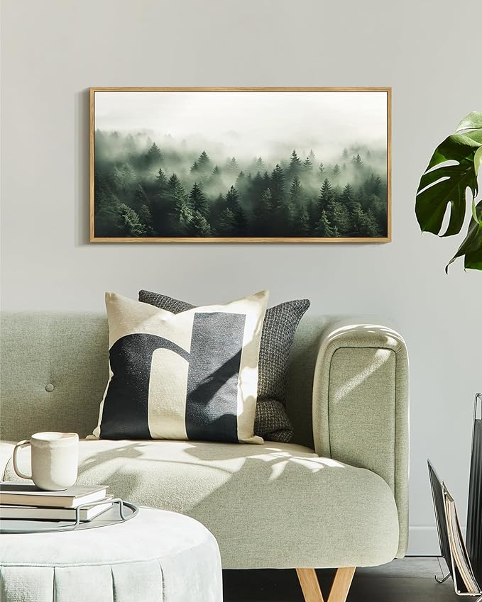 SHENIFY Green Fog Pine Tree Forest Vintage Framed Wall Art Modern Landscape Scenery Farmhouse Artwork Prints Decor for Kitchen Bedroom Living Room Bathroom - 8x16in Natural Framed