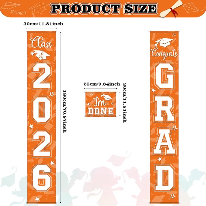 Moukeren 3 Pieces 2026 Graduation Party Decorations Graduation Porch Sign Class of 2026 Grad Hanging Porch Banner Backdrop Door Sign for Grad Party Home Door Wall Decor(Orange)
