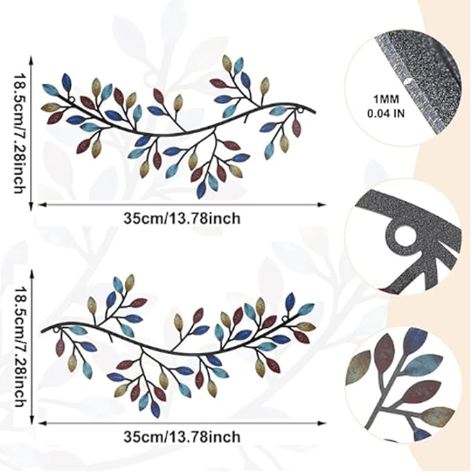Hotop 2 Pieces Metal Tree Leaf Wall Decor Vine Olive Branch Leaf Wall Art Wrought Iron Scroll Sculptures Above the Bed, Living Room, Outdoor Decoration(Classic Style,Bright Color)