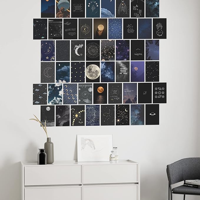 Astronomy Wall Collage Kit Aesthetic Pictures, Moon Stars Photo Collage Kit Dorm Room Decor for Teen Boy Girl, Moonlight Aesthetic Room Decor Photo Collection for Bedroom (50pcs 4x6 inch)