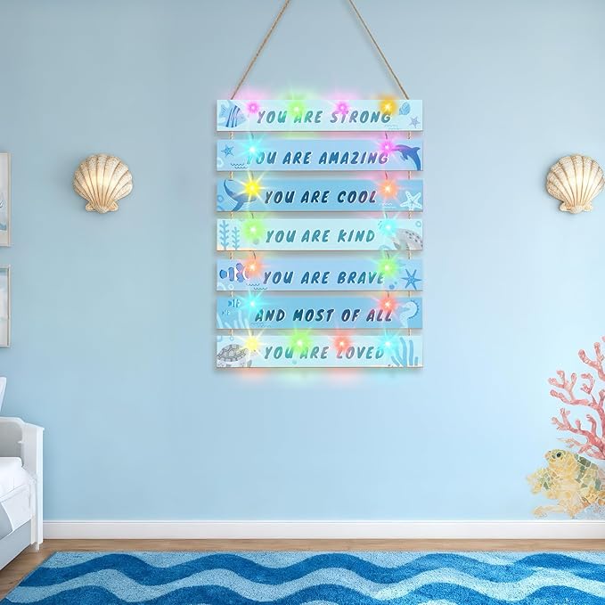 FIOBEE Girls Room Décor for Teen Girls Boys with LED Light Wall Decor for Bedroom Motivational Inspirational Wall Art Girl Room Decoration for Kids Studyroom, 8 Kinds of Lights, Blue Ocean