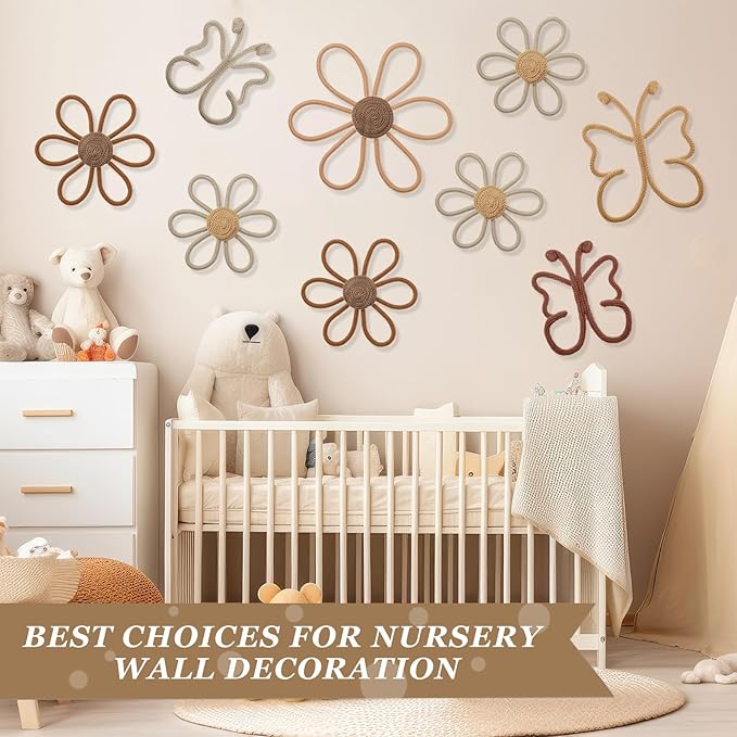Wesiti 9 Pcs Boho Nursery Decor 3 Size Daisy Flower and Butterflies Woven Macrame Wall Hanging for Home Nursery Bedroom Dorm Wall Art(Retro Color)