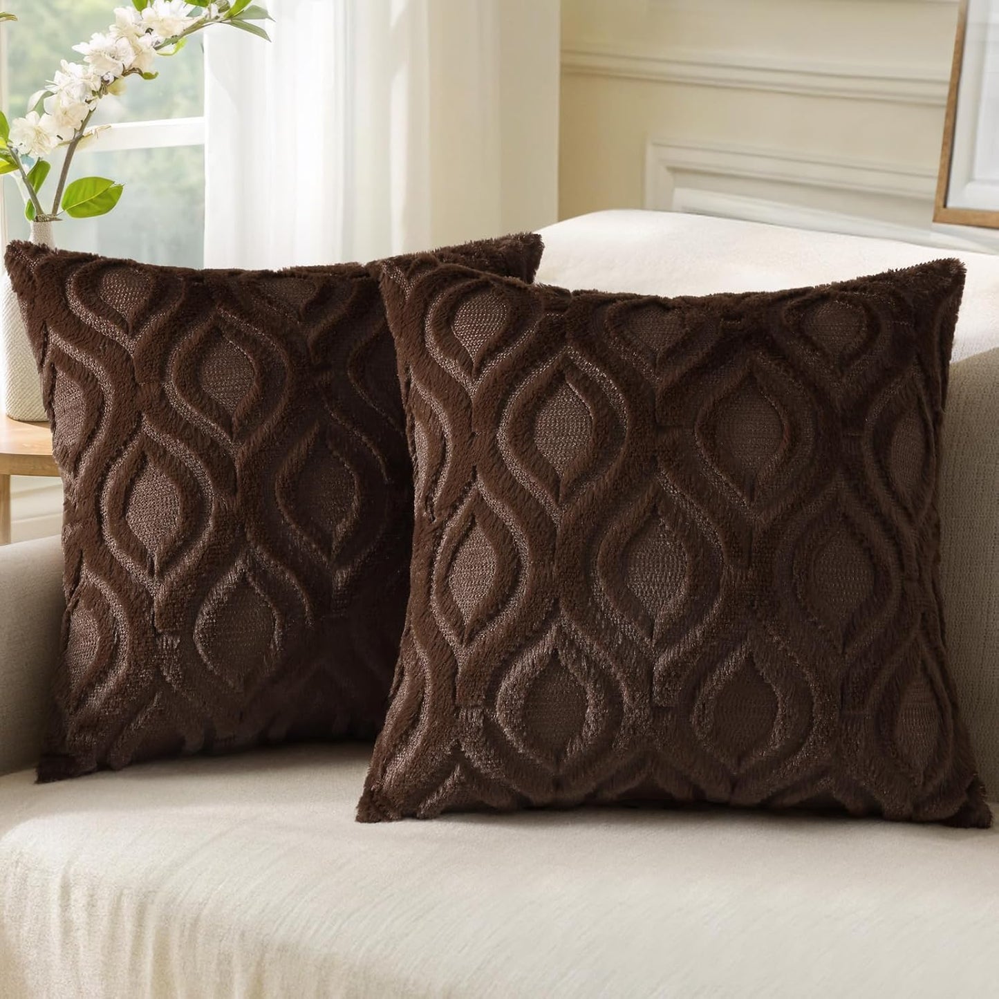 decorUhome Throw Pillow Covers 24x24 Inch Set of 2, Soft Plush Decorative Faux Fur Dark Brown Solid Couch Pillow Covers, Accent Farmhouse Neutral Square Euro Pillow Cases for Sofa Bed Living Room