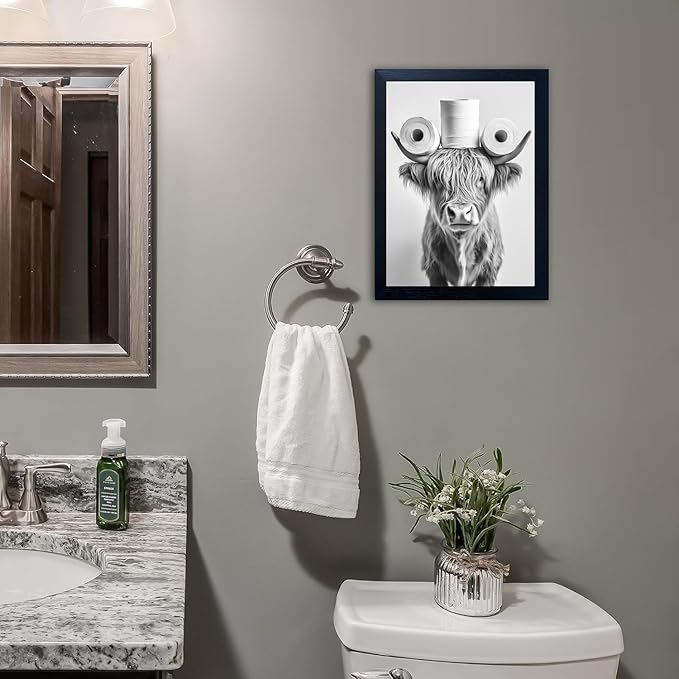 Funny Highland Cow Bathroom Wall Art with Toilet Paper on Head, Humorous Farmhouse Sign for Bathroom Decor, Rustic Black Framed Canvas Print for Restroom Toilet, Ready to Hang 16"x20"
