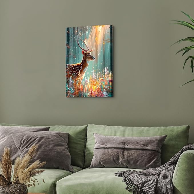 Fall Flower Wall Art Deer Wall Decor Autumn Forest Landscape Painting Wildlife Animal Canvas Prints Watercolor Wildflower Pictures Gold Woodland Artwork for Kitchen Living Room Home Decorations 16x24"