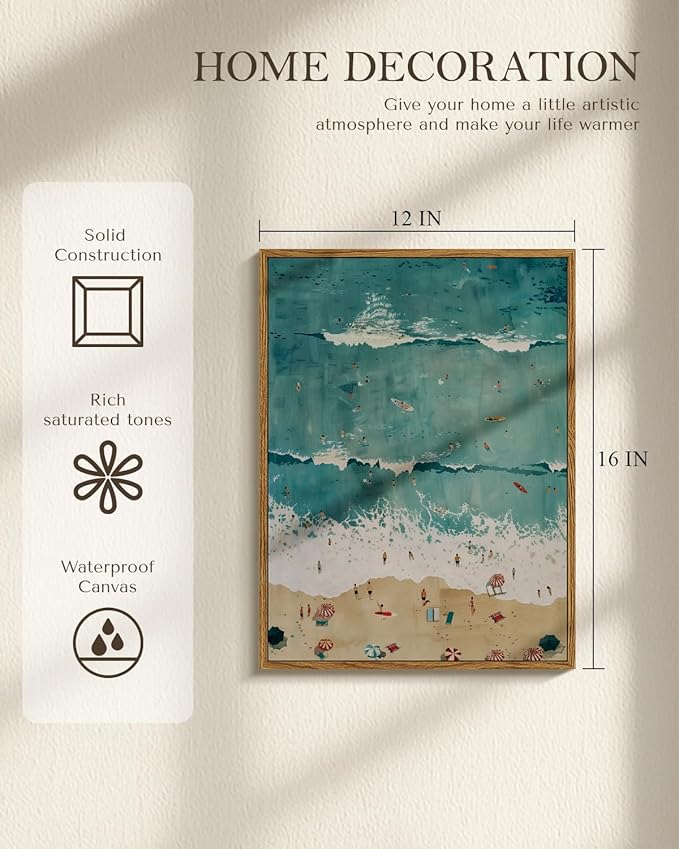 Tropical Beach Scene Framed Canvas Wall Art 12x16 Modern Coastal Ocean Wave Print, Summer Seaside Picture Beach Painting, Sea Wave View Artwork Bedroom Bathroom Home Office Decor