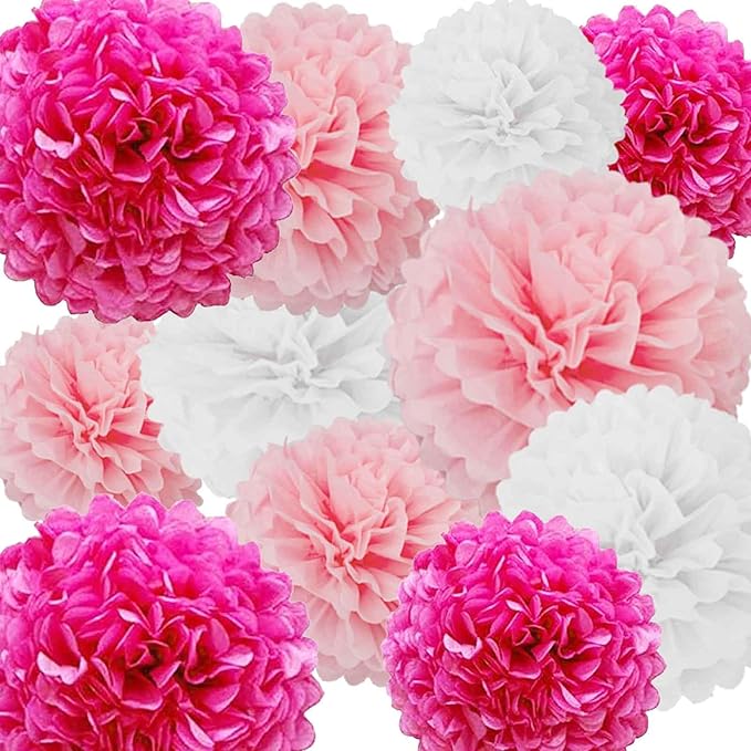 We Moment Rose Red and Pink White Paper Flowers Decorations for Pink Party Baby Shower Ceiling Wall Hanging Tissue Pom Poms 12pcs 3 Colors