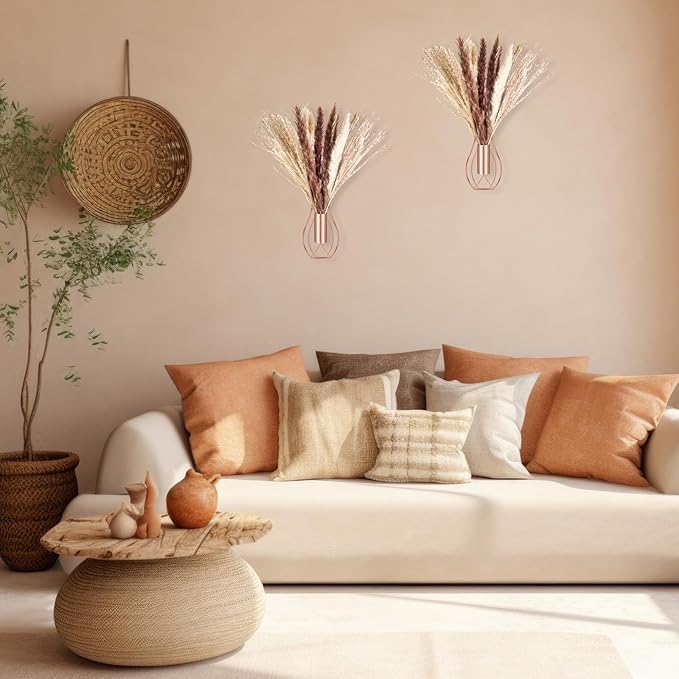 2 Pcs Boho Wall Decor Metal Wall Art Hanging Planter with Artificial Pampas Wall-Mounted Modern Home Decor Display Artwork Plant Hanging Vase for Bedroom Living Room Bathroom (Rose Gold)