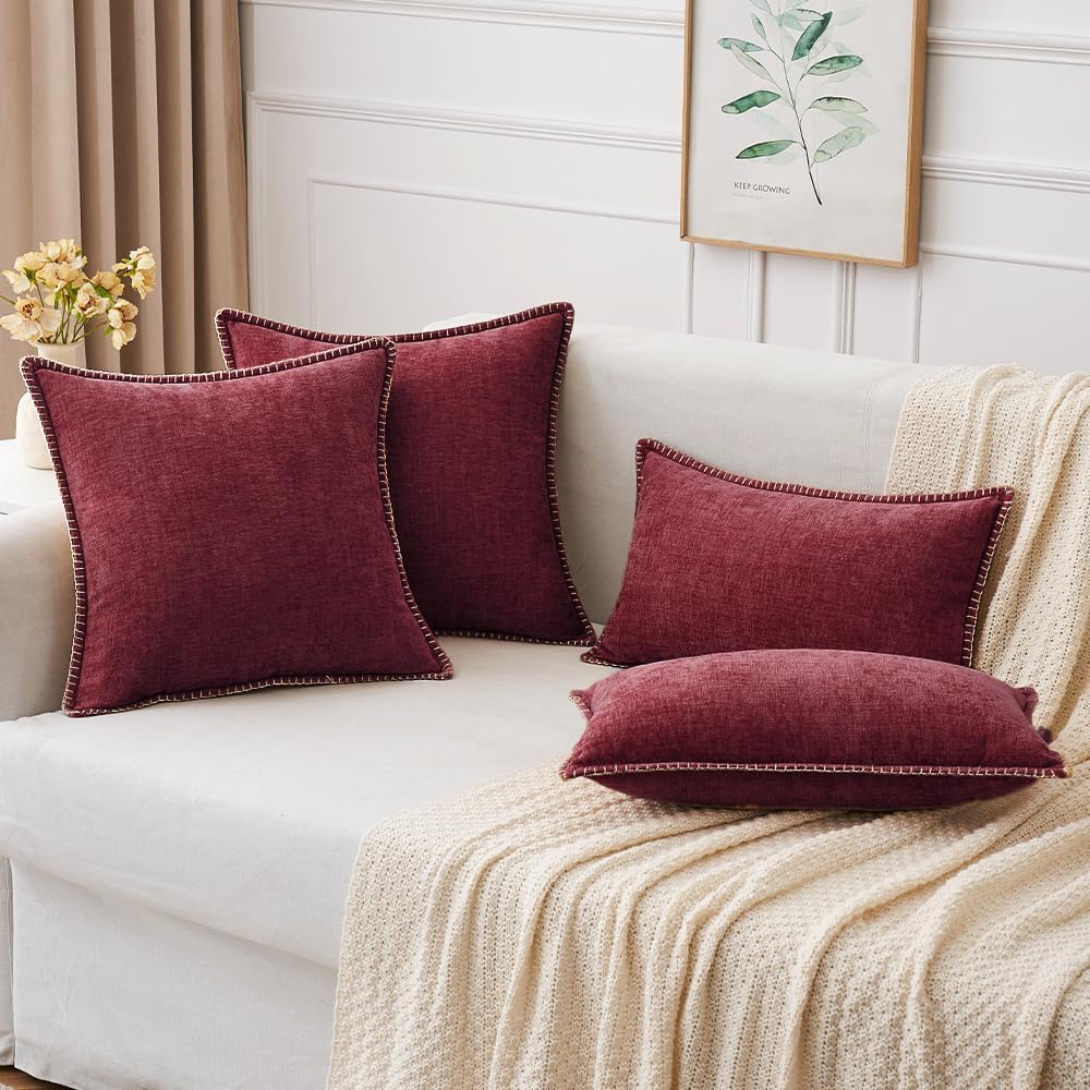 MIULEE Pack of 2 Christmas Pillow Covers 20x20 Inch Burgundy Red Farmhouse Decorative Throw Pillow Covers with Stitched Edge Soft Chenille Solid Dyed Couch Pillow Covers for Sofa Bed Living Room