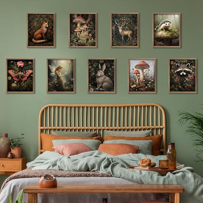 Dark Cottagecore Room Decor Aesthetic, Cottagecore Core Wall Decor, Forest Botanical Wall Art Canvas Prints, Fairycore Decor, Nature Mushroom Posters Vintage Animal Pictures for Bedroom, UNFRAMED