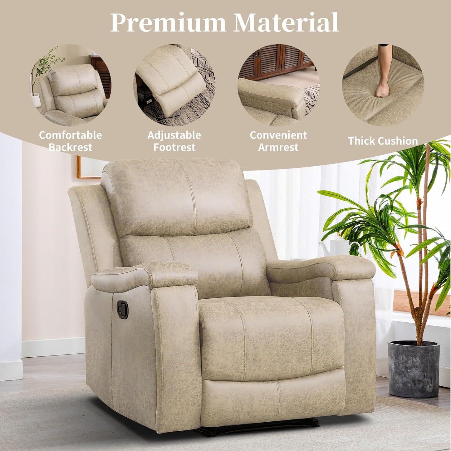 EBELLO Recliner Chair, Single Overstuffed Sofa Recliner, Breathable Faux Leather Manual Reclining Chairs with Hidden Cup Holder, Arm and Back for Adults, Living Room, Bedroom, Beige