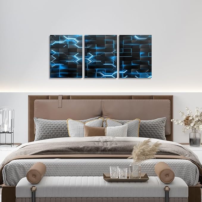 Feelyou Blue and Black Picture Wall Decor 12"x16" 3 Piece Honeycomb Canvas Wall Art Decor Hexagon Theme Office Decorations Artwork Posters Geometrical Beehive Painting