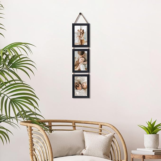 QUTREY 4x6 Picture Frames Collage Black, 3 Openings 4 x 6 Vertical Hanging Photo Frames Display 4 by 6 inch Pictures for Wall Decor