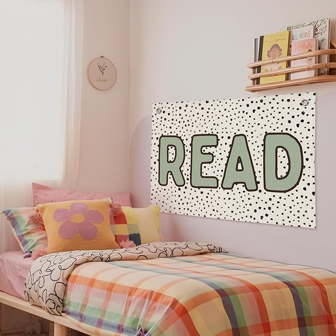 Classroom Decor, Sage Green Read Sign Banner, Dots Linen Canvas Wall Hanging Banner Flag Decor for Reading Corner Nook