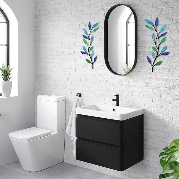 Metal Tree Leaf Wall Decor 2 PCS Rustic Vine Branch Leaf Wall Art for Living Room Bedroom Bathroom Decorations - Bright Color