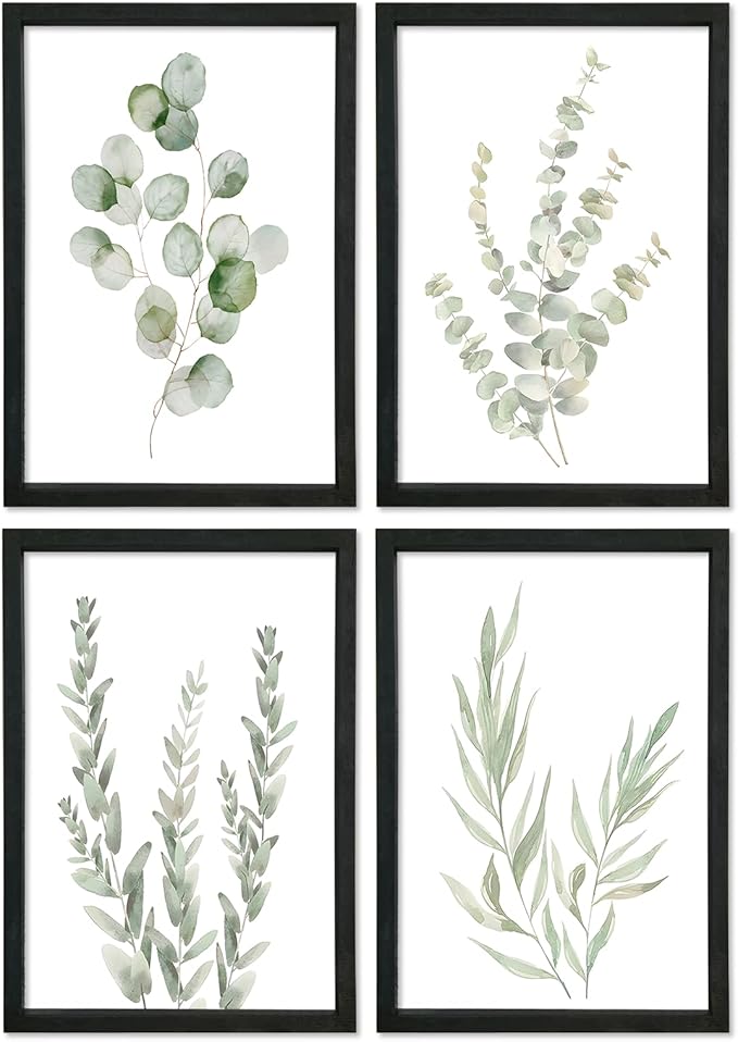 YWJKWLGS Botanical Watercolor Prints Sign Sage Green Eucalyptus Wall Decor 11x16 Inch Set of 4 Minimalist Wood Framed for Bathroom Laundry Room Office Wall Hanging Art (Black)