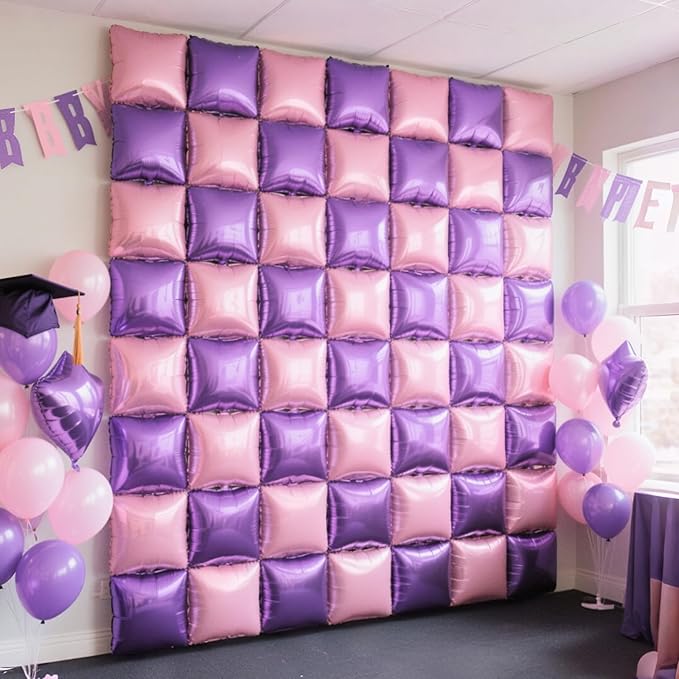 NISOCY 25PCS Pink Purple Square Foil Balloons Wall Backdrop Double Sided Purple Pink Balloons Arch Kit for Birthday Valentine's Day Engagement Bridal Shower Girls Theme Party Decorations