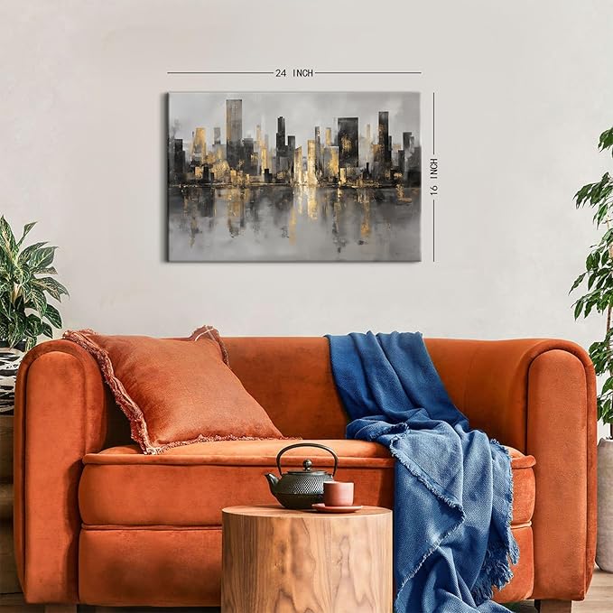 New York City Canvas Wall Art Abstract City Pictures Wall Decor for Living Room Black and Gold NYC Cityscape Prints Paintings Skyline Landscape Artwork for Bedroom Office Home Decorations 16x24"