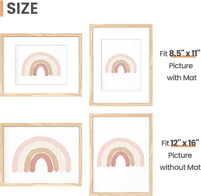 upsimples 12x16 Picture Frame Set of 5, Display Pictures 8.5x11 with Mat or 12 x 16 Without, Wall Gallery Poster Frames, Natural