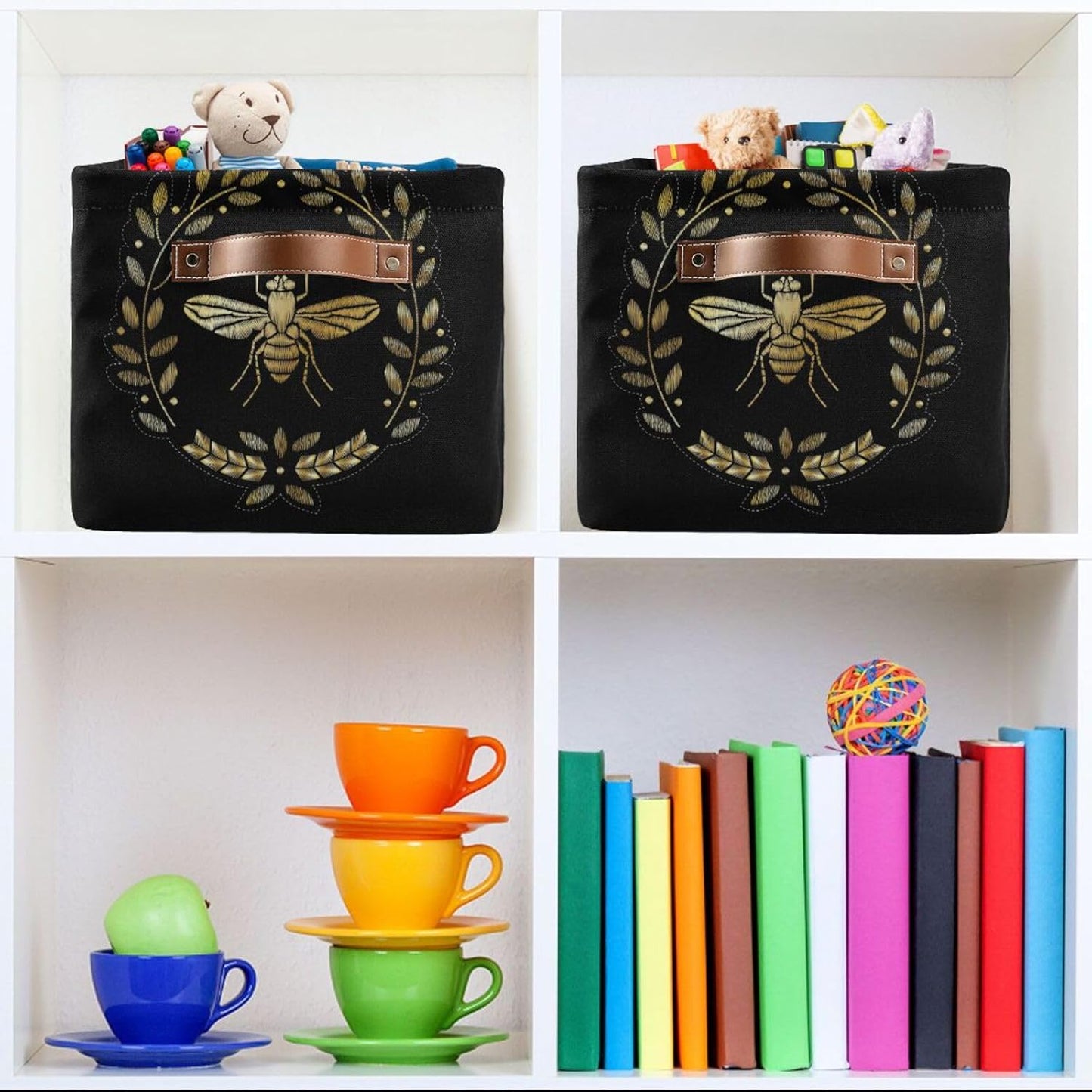susiyo Storage Baskets for Shelves Organizer Baskets with Metal Frame Closet Storage Bins Fabric Bins Cubes with PU Handles for Organizing Shelf Nursery Toys 2 PACK,Gold Bee Floral