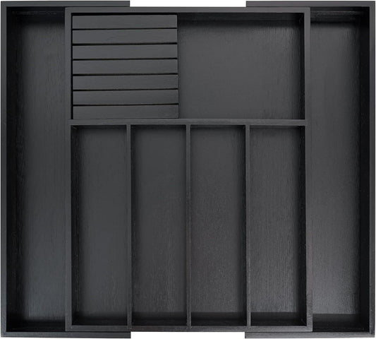 VaeFae Premium Bamboo Silverware Drawer Organizer Kitchen, Expandable Utensil Organizer with Knife Block, Cultery Tray with Divider for Flatware (Black)